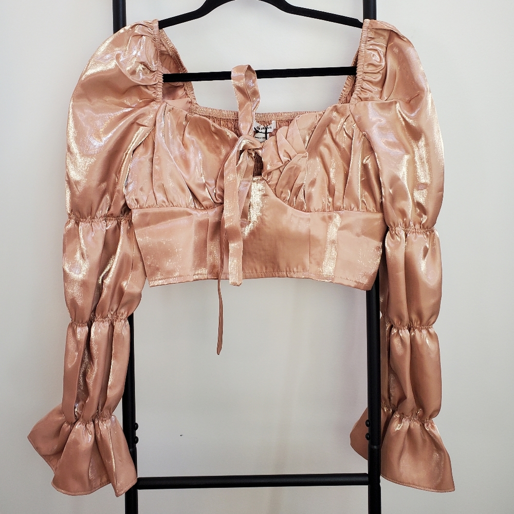 Glamorous gold pink long sleeve waffle top mini blouse women size S New